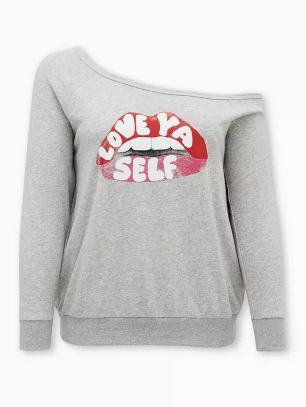 Torrid Grey Off-Shoulder Sweatshirt with 'Love Ya Self' Lips Graphic